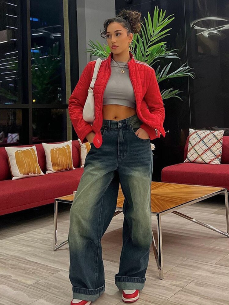 Vintage Gradient Flared Jeans Washed High Waisted Baggy Pants 2023 Korean Fashion Streetwear Wide Leg Long Denim Trousers y2k