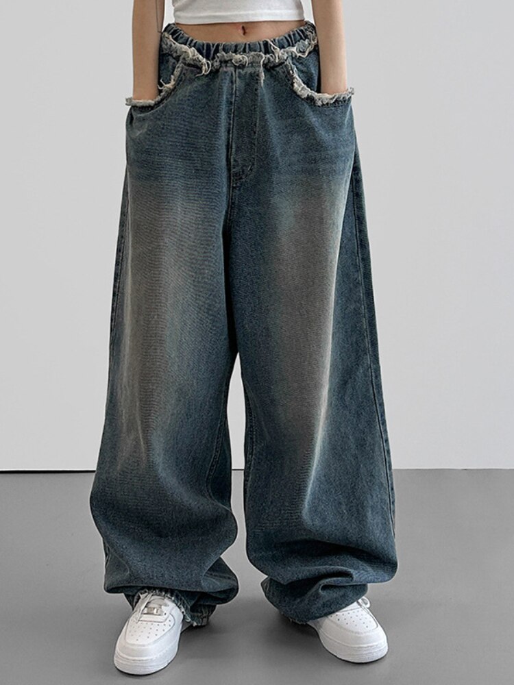 WeiYao Raw Edge Baggy Pants High Waisted Washed Wide Leg Jeans Vintage 90s Korean Fashion Streetwear y2k Women's Jeans Joggers