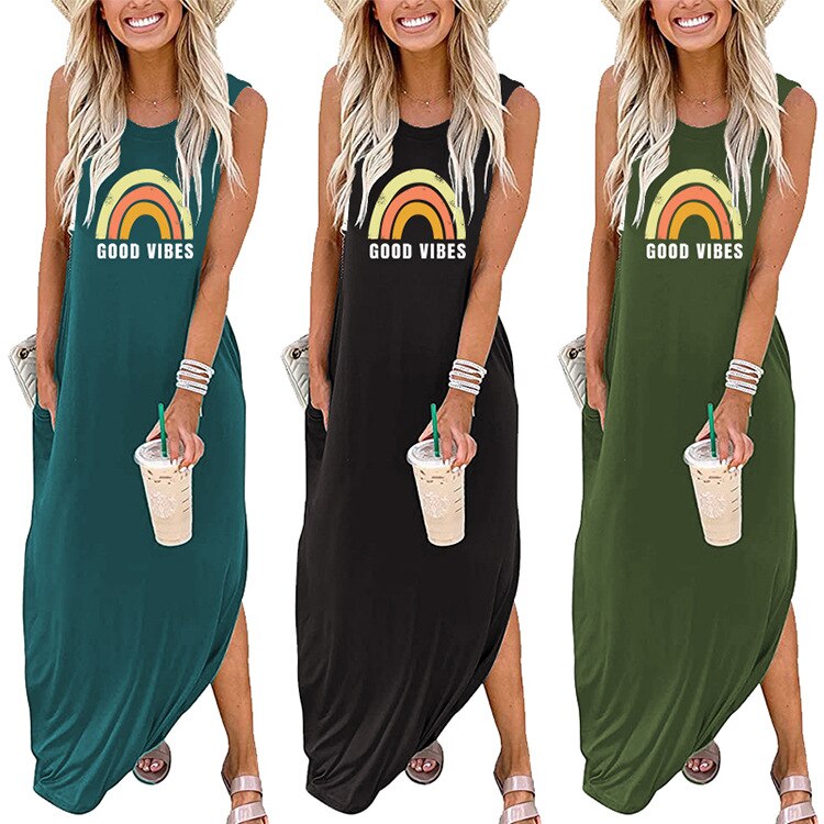 2022 Summer Dress Women's Bohemian Sundress Sleeveless Letter Printed Maxi Long Dress New Casual Loose Party Tanks Vestido