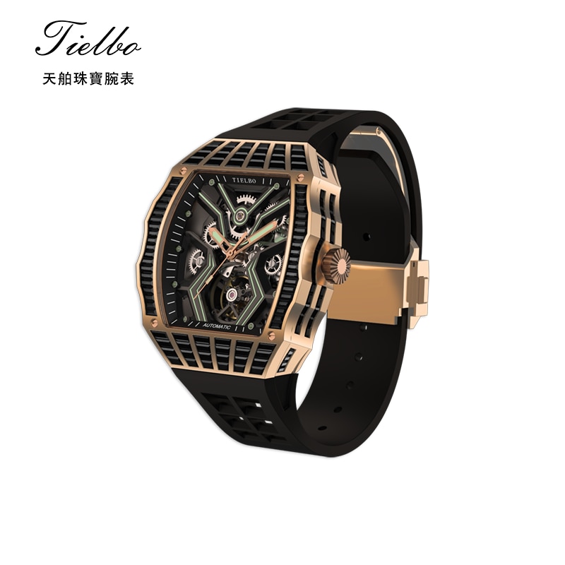TIELBO Skeleton Automatic Tourbillon Movement Watch For Men Luxury Mechanical Tourbillon Sapphire Watch Mens Carbon Fiber T305